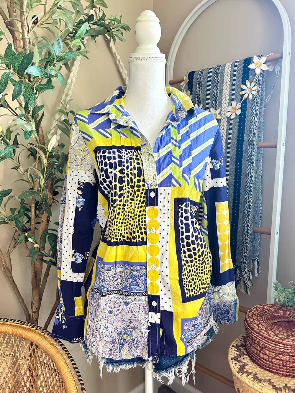 Vintage Elliott Lauren Mixed Print Patchwork Button Up Shirt Size 12